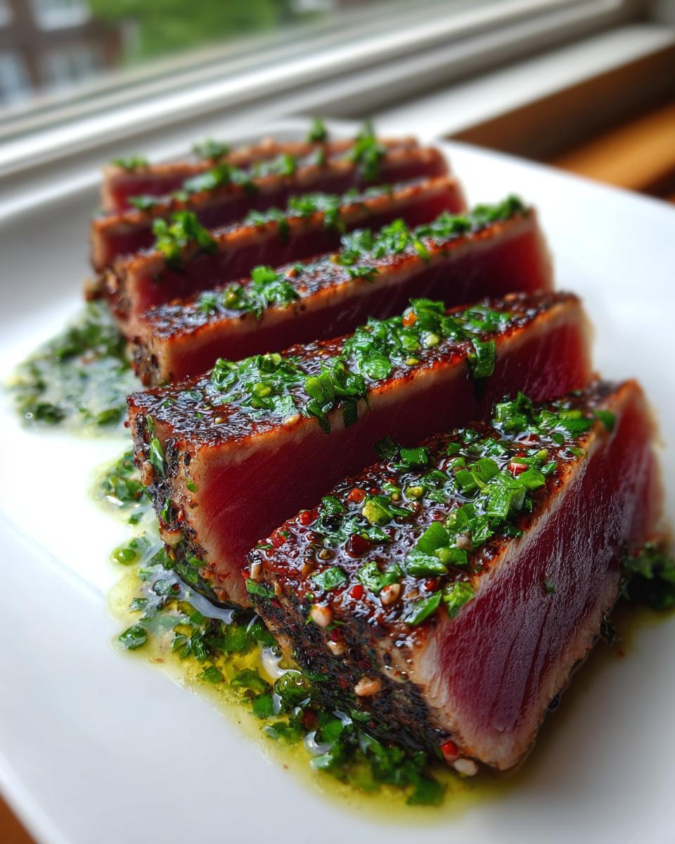 Four thick slices of perfectly seared tuna steak, rare in the center, topped with a bright green herb and oil sauce.