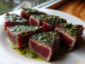Close-up of perfectly seared tuna steak, sliced into thick portions, topped with a vibrant green herb sauce.