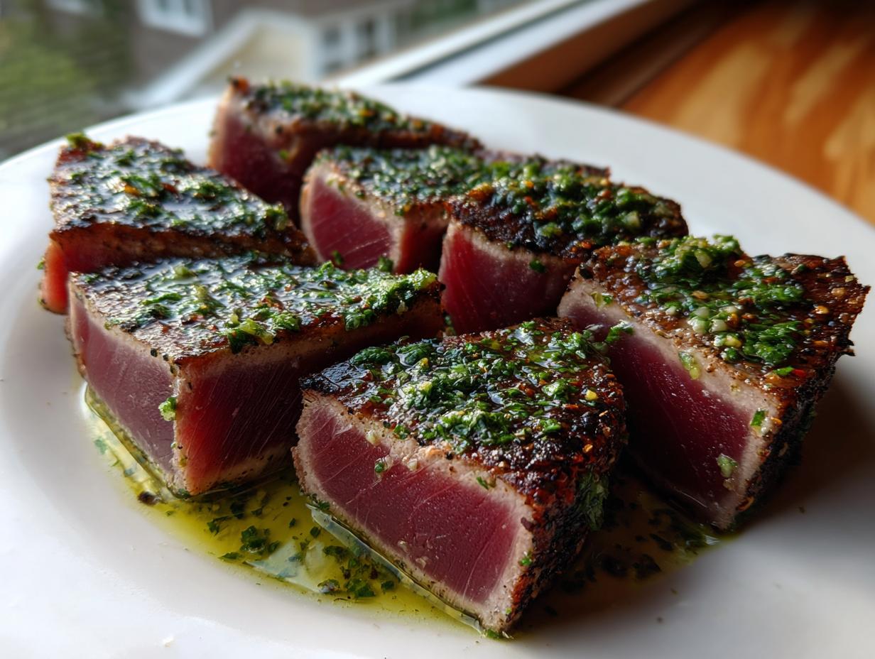 Close-up of perfectly seared tuna steak, sliced into thick portions, topped with a vibrant green herb sauce.