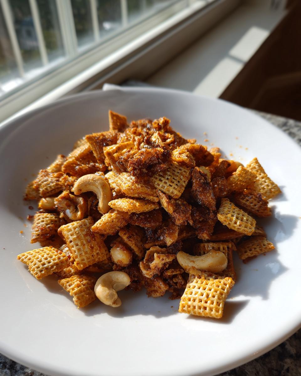 A white bowl filled with seasoned chex party mix, featuring square cereal pieces and whole cashews, brightly lit by a window.