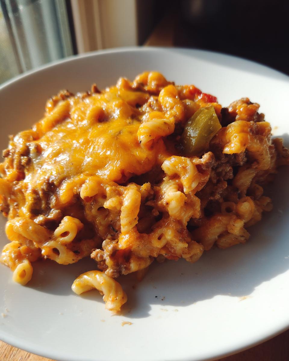 A close-up serving of cheesy cheeseburger casserole featuring ground beef, elbow macaroni, and melted cheddar cheese.