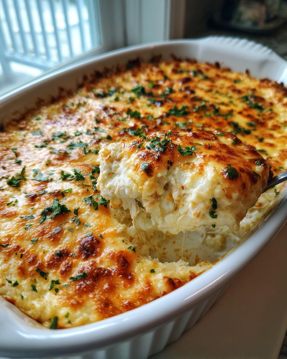 A spoonful of creamy, cheesy hot crab dip being lifted from a white baking dish, showing a golden-brown top.
