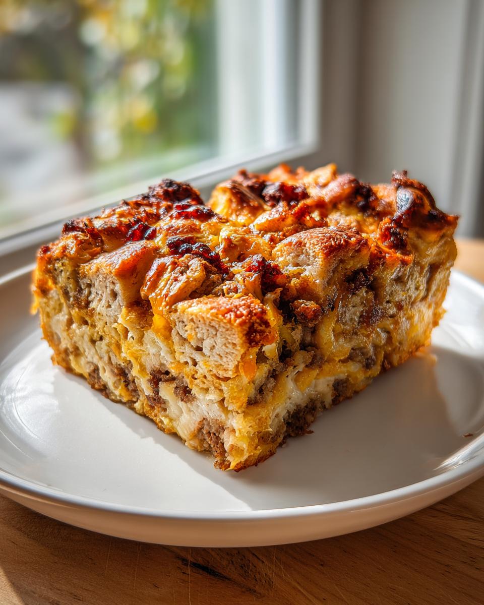 A square serving of baked christmas breakfast casserole featuring bread, meat, and melted cheese, sitting on a white plate.