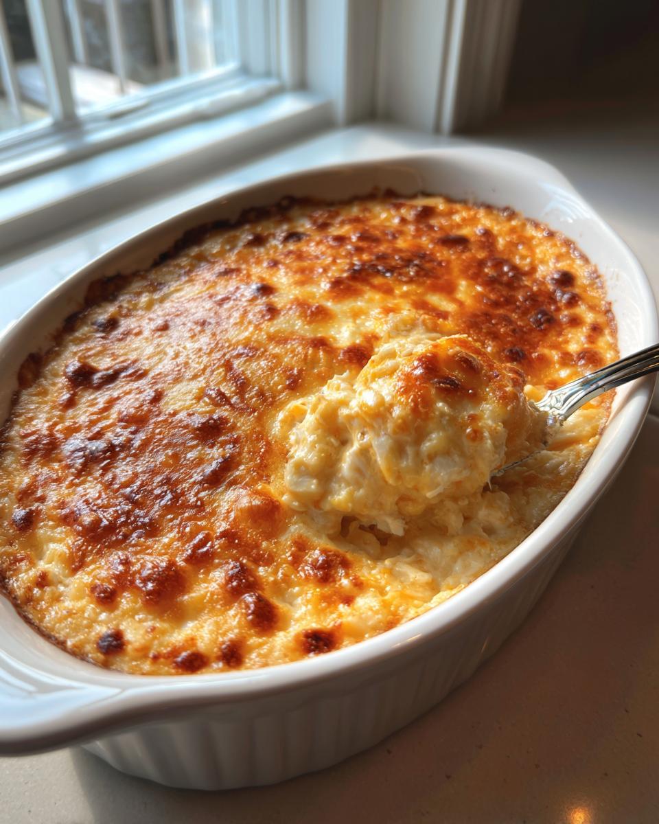 A spoonful of creamy, baked hot crab dip being lifted from a white oval dish with a golden-brown, bubbly cheese crust.