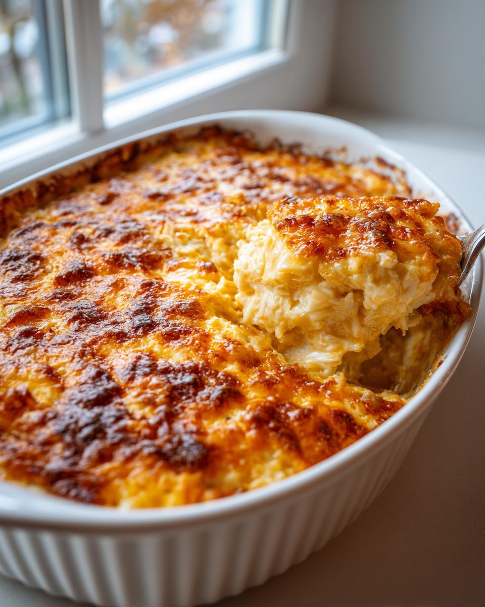 A spoonful of creamy, baked hot crab dip is lifted from a white oval dish showing a perfectly browned, cheesy top.