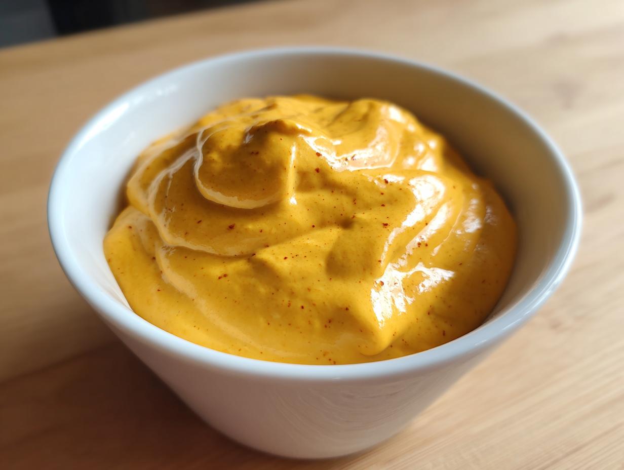 Close-up of rich, vibrant orange beer cheese dip with visible spice flecks in a small white bowl.
