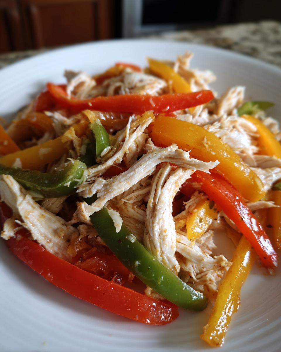 Close-up of shredded chicken mixed with colorful strips of red, yellow, and green bell peppers, ready for crockpot chicken fajitas.