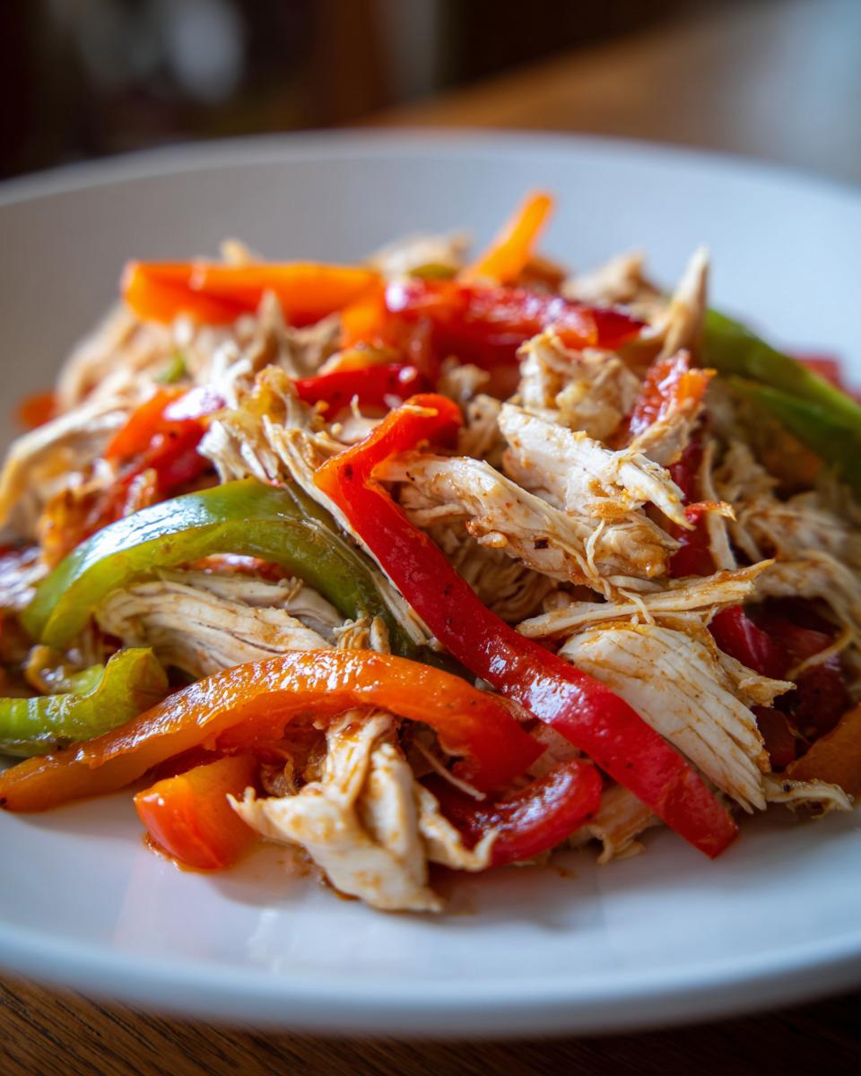 Close-up of shredded chicken mixed with colorful red, orange, and green bell pepper strips for crockpot chicken fajitas.