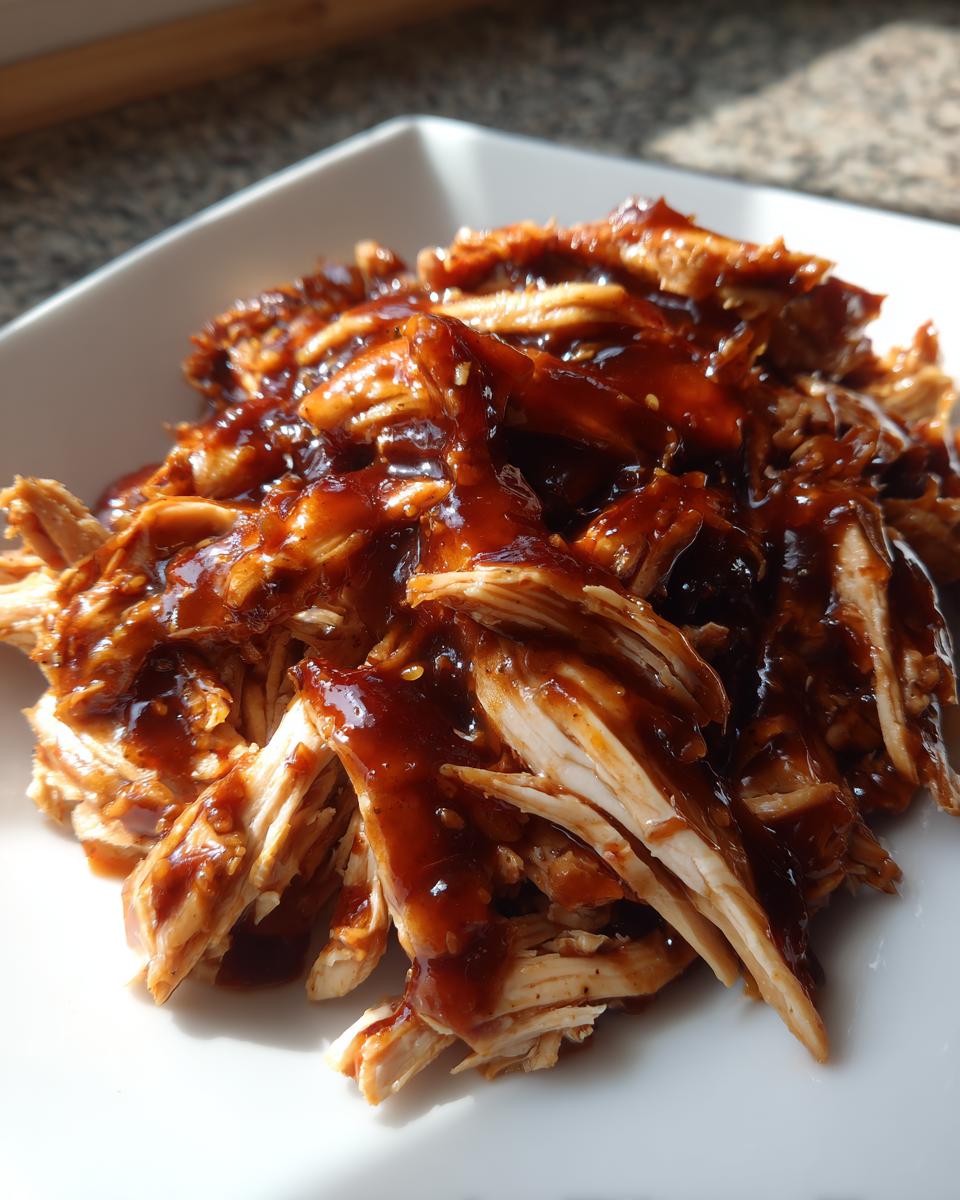Close-up of shredded chicken coated in thick, glossy teriyaki sauce, ready to serve from a white bowl.