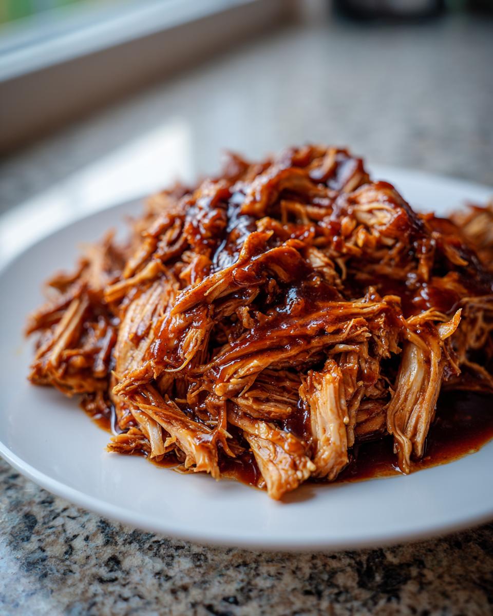 Close-up of tender, shredded crockpot teriyaki chicken heavily coated in a rich, dark teriyaki sauce.