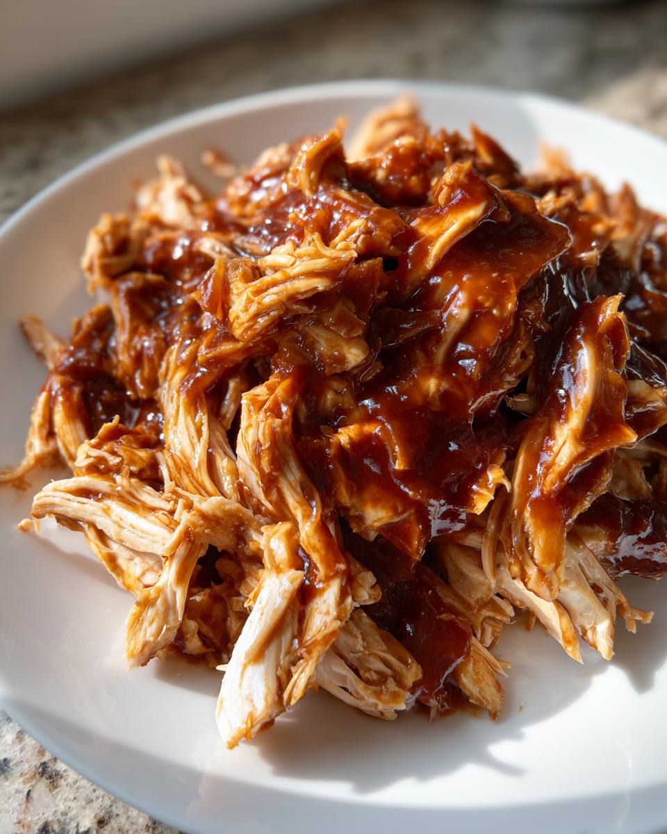 Close-up of shredded crockpot teriyaki chicken generously coated in a glossy, dark teriyaki sauce, served on a white plate.