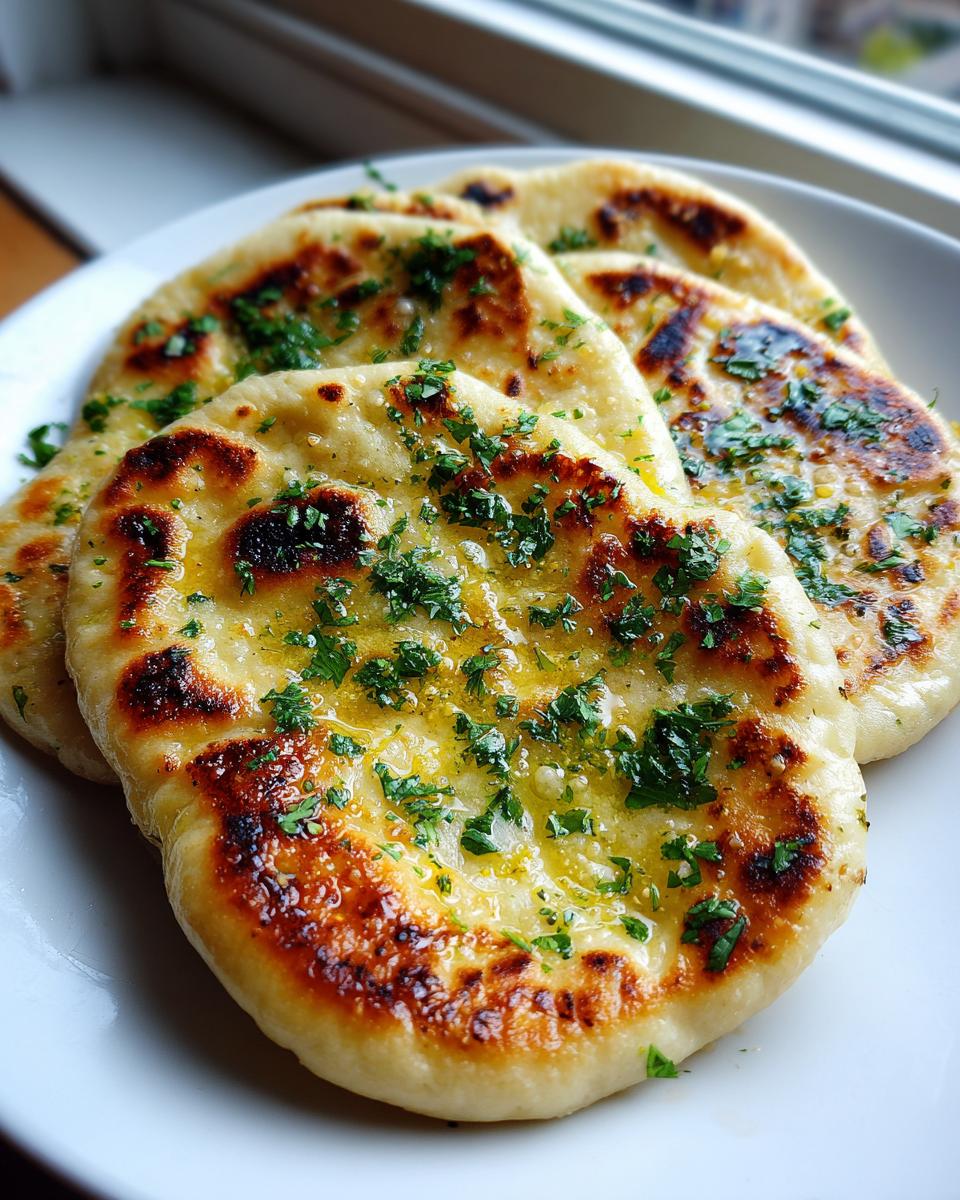 Close-up of several soft, golden-brown skillet naan bread recipe pieces brushed with melted butter and sprinkled with fresh parsley.