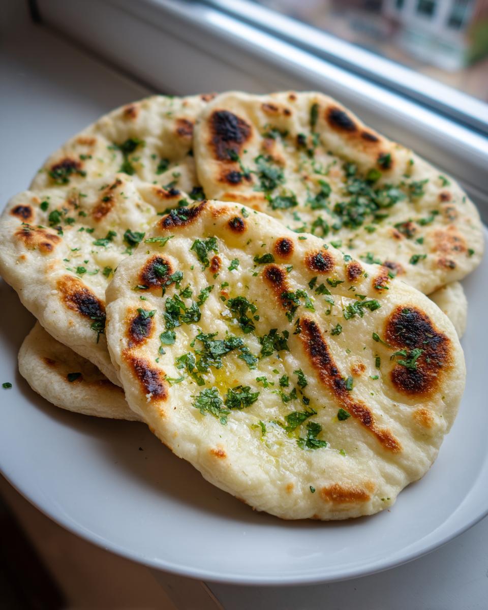A stack of soft, freshly made naan bread recipe pieces, brushed with butter and topped with fresh green cilantro.