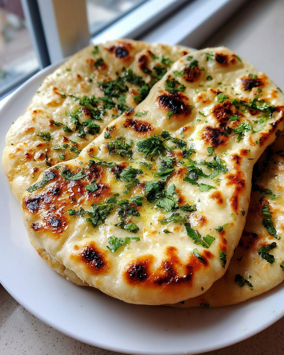 Close-up of two freshly cooked, soft naan bread recipe rounds brushed with butter and topped with chopped cilantro.