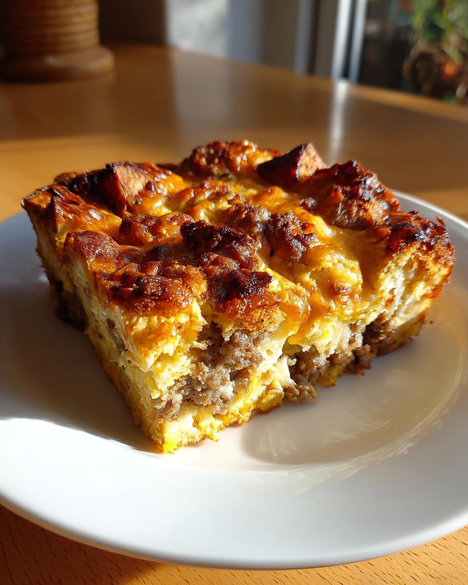 A square slice of baked christmas breakfast casserole featuring sausage, eggs, and bread, with a deeply browned, cheesy top.