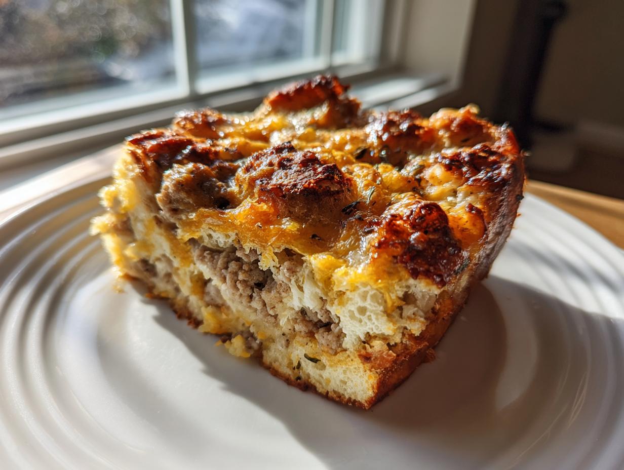 A close-up slice of baked christmas breakfast casserole with browned cheese and sausage filling on a white plate.