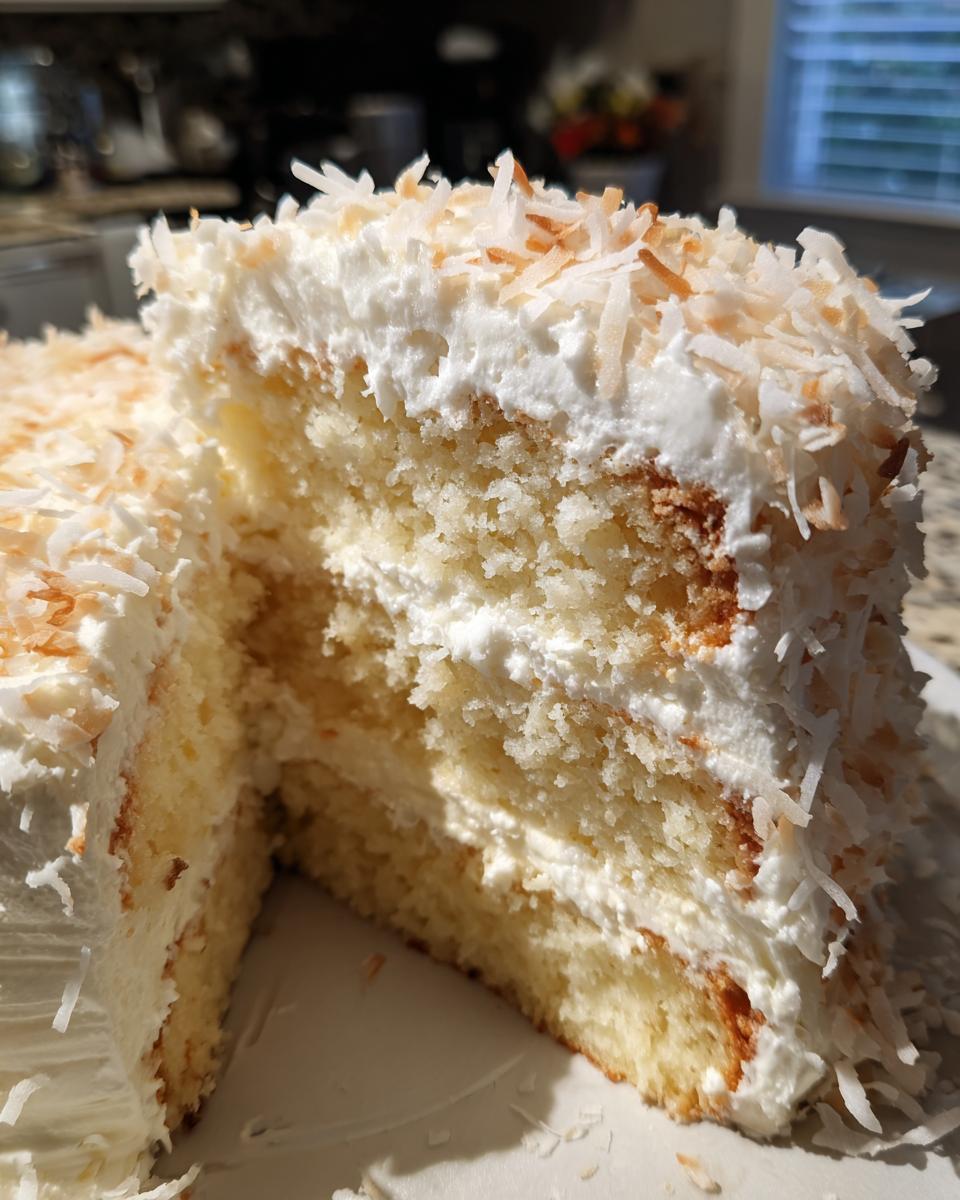 Close-up of a moist slice of coconut cake layered with cream cheese frosting and topped with toasted coconut flakes.