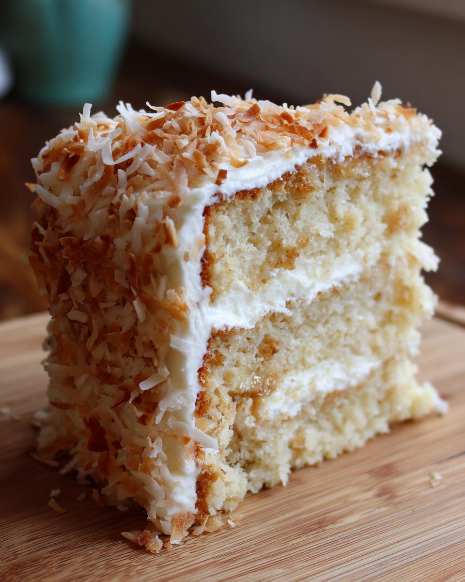 A tall slice of moist coconut cake layered with cream cheese frosting and covered in toasted coconut flakes.