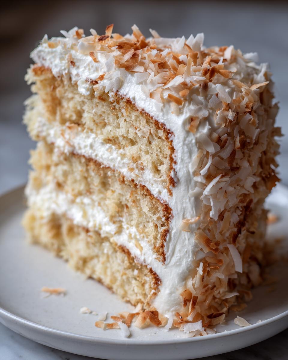 Close-up of a moist slice of coconut cake layered with white frosting and topped with toasted coconut flakes.