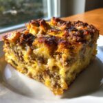 A golden-brown slice of savory christmas breakfast casserole with visible sausage and egg layers on a white plate.