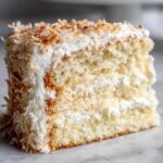 Close-up of a moist slice of coconut cake layered with white frosting and topped with toasted coconut flakes.