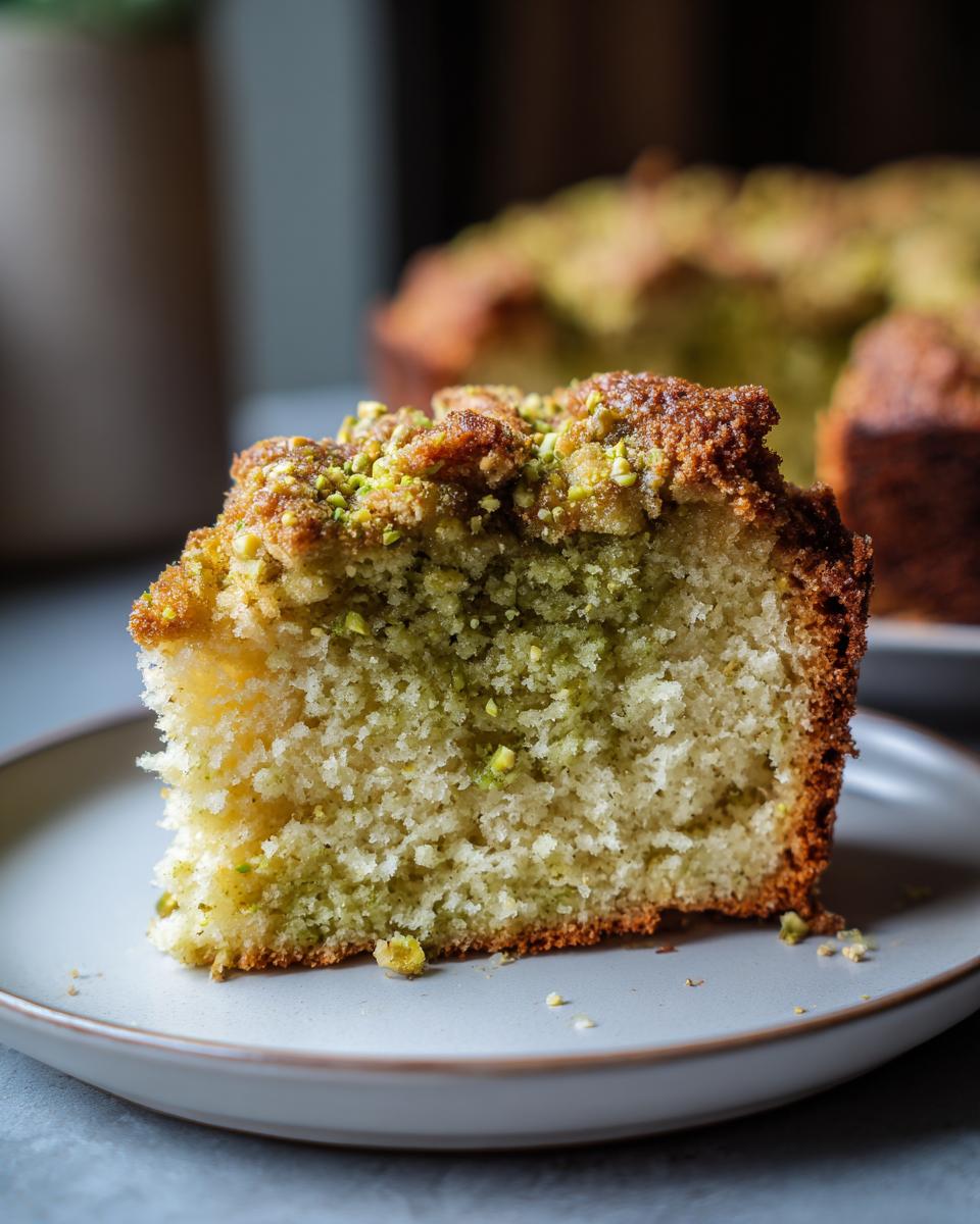 Close-up of a moist slice of pistachio coffee cake showing green pistachio crumbs on top and throughout the crumb.