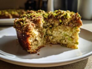 Close-up of a moist slice of pistachio coffee cake topped with chopped pistachios and a brown sugar crumb.