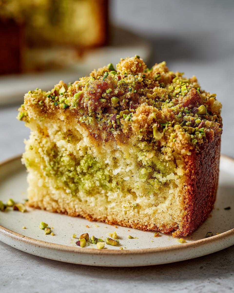 A moist slice of pistachio coffee cake featuring a bright green pistachio swirl and a generous crumb topping sprinkled with chopped pistachios.