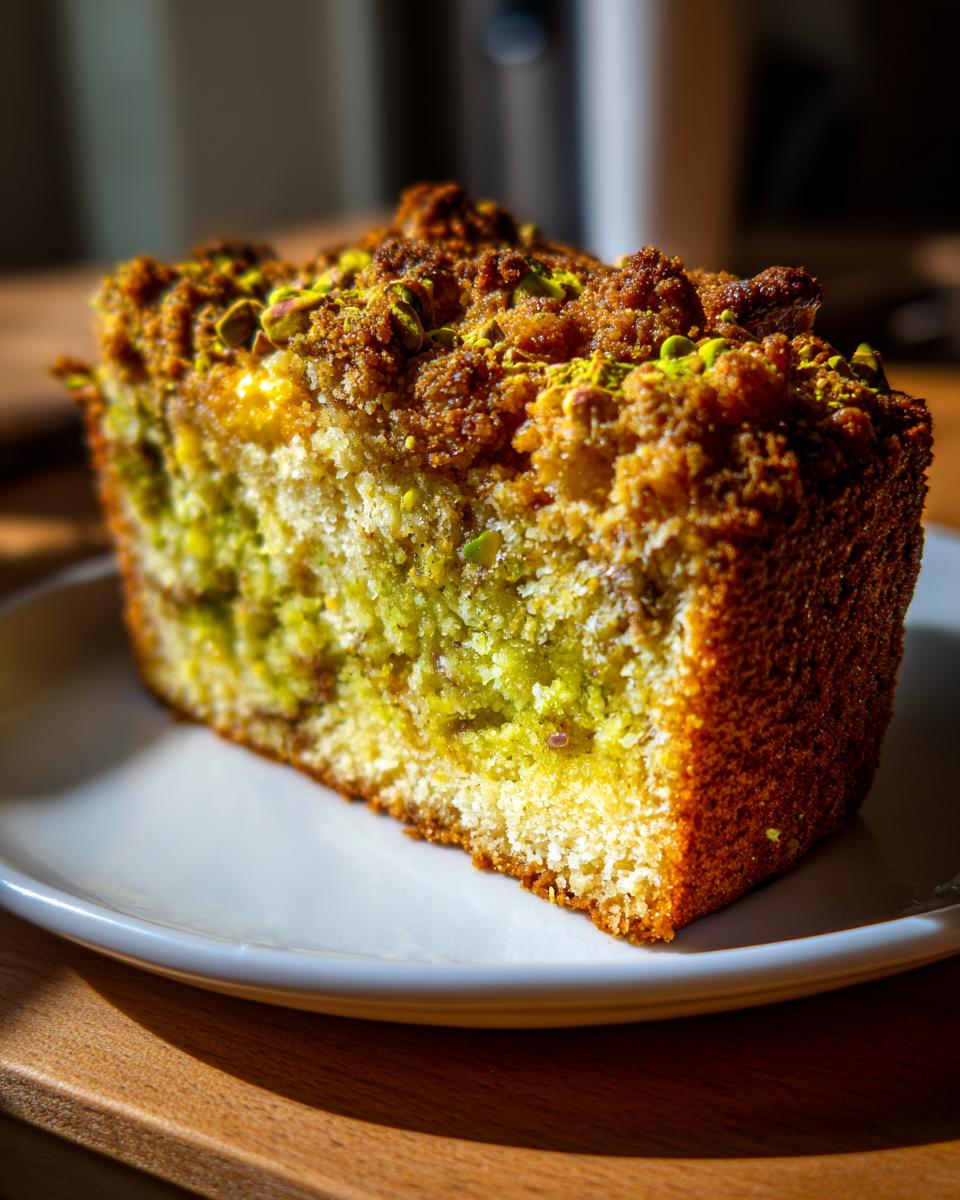 A close-up, dramatic shot of a slice of pistachio coffee cake featuring a bright green interior and a thick, brown crumb topping.