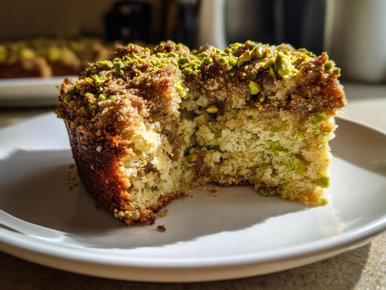 Close-up of a moist slice of pistachio coffee cake topped with chopped pistachios and a brown sugar crumb.