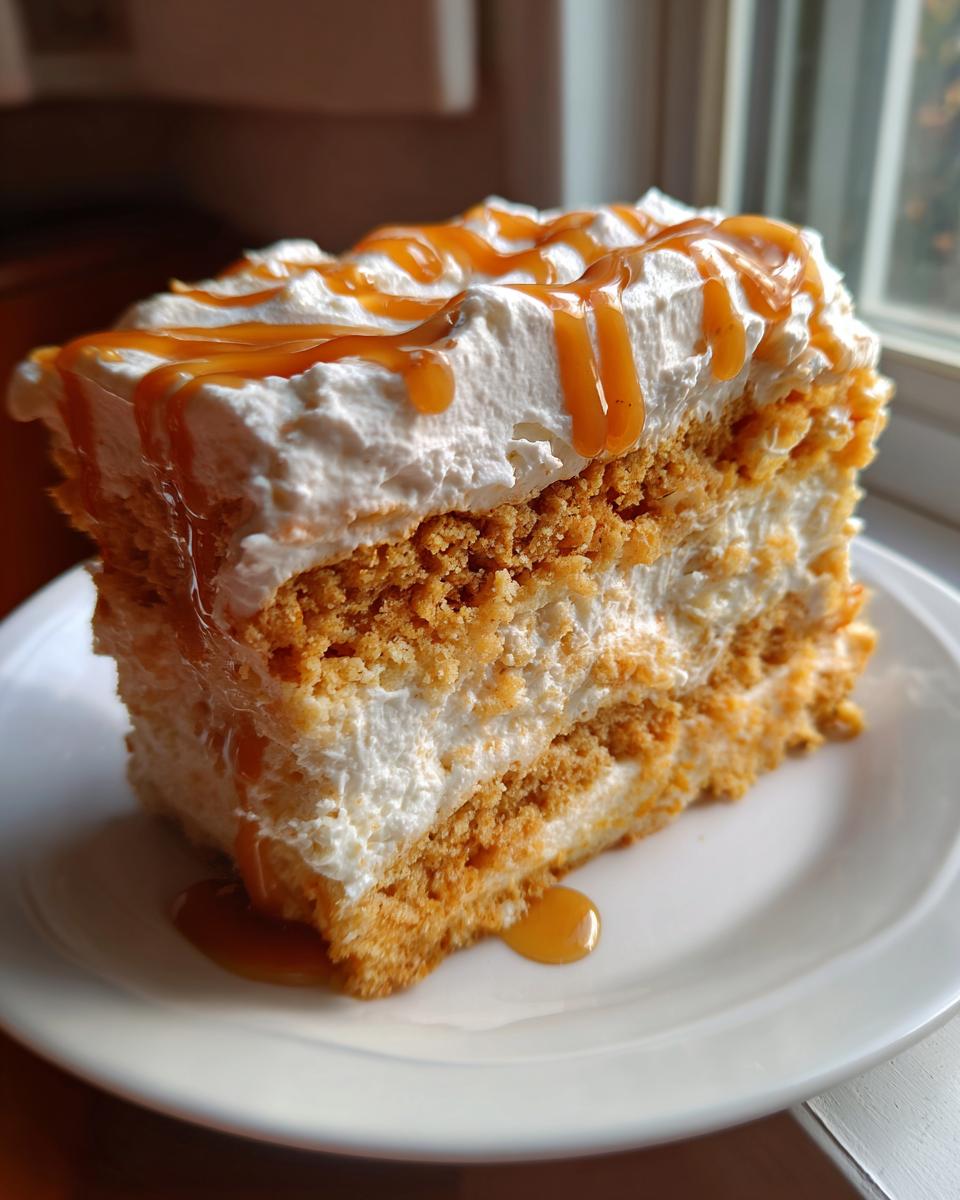A tall slice of pumpkin poke cake layered with cream and drizzled generously with caramel sauce.