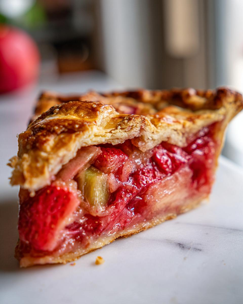 Close-up of a thick slice of strawberry rhubarb pie showing juicy red filling and flaky golden crust.