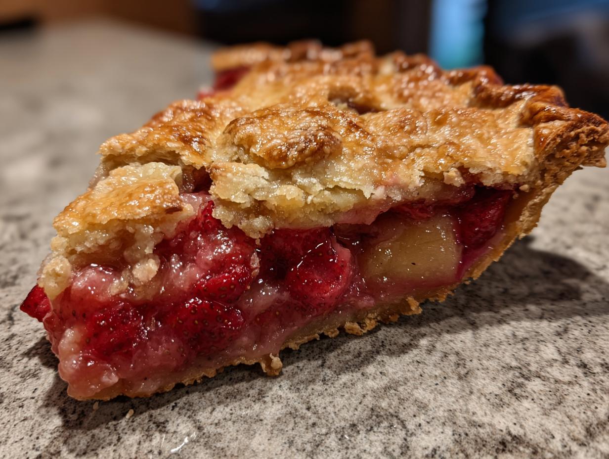 Close-up of a slice of strawberry rhubarb pie showing the juicy red filling and golden, flaky top crust.