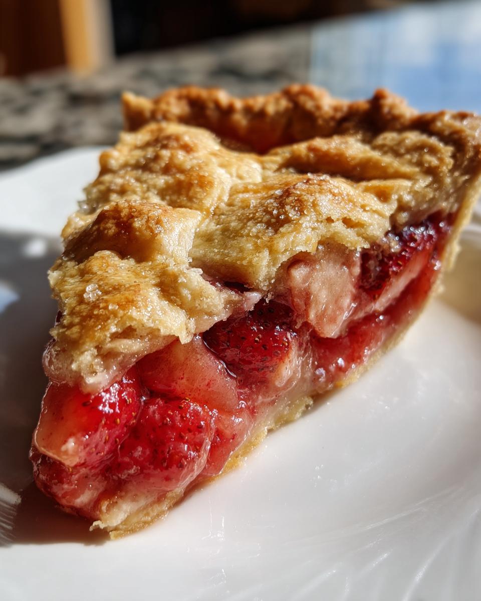 Close-up of a moist slice of strawberry rhubarb pie showing juicy filling and a golden, sugared top crust.