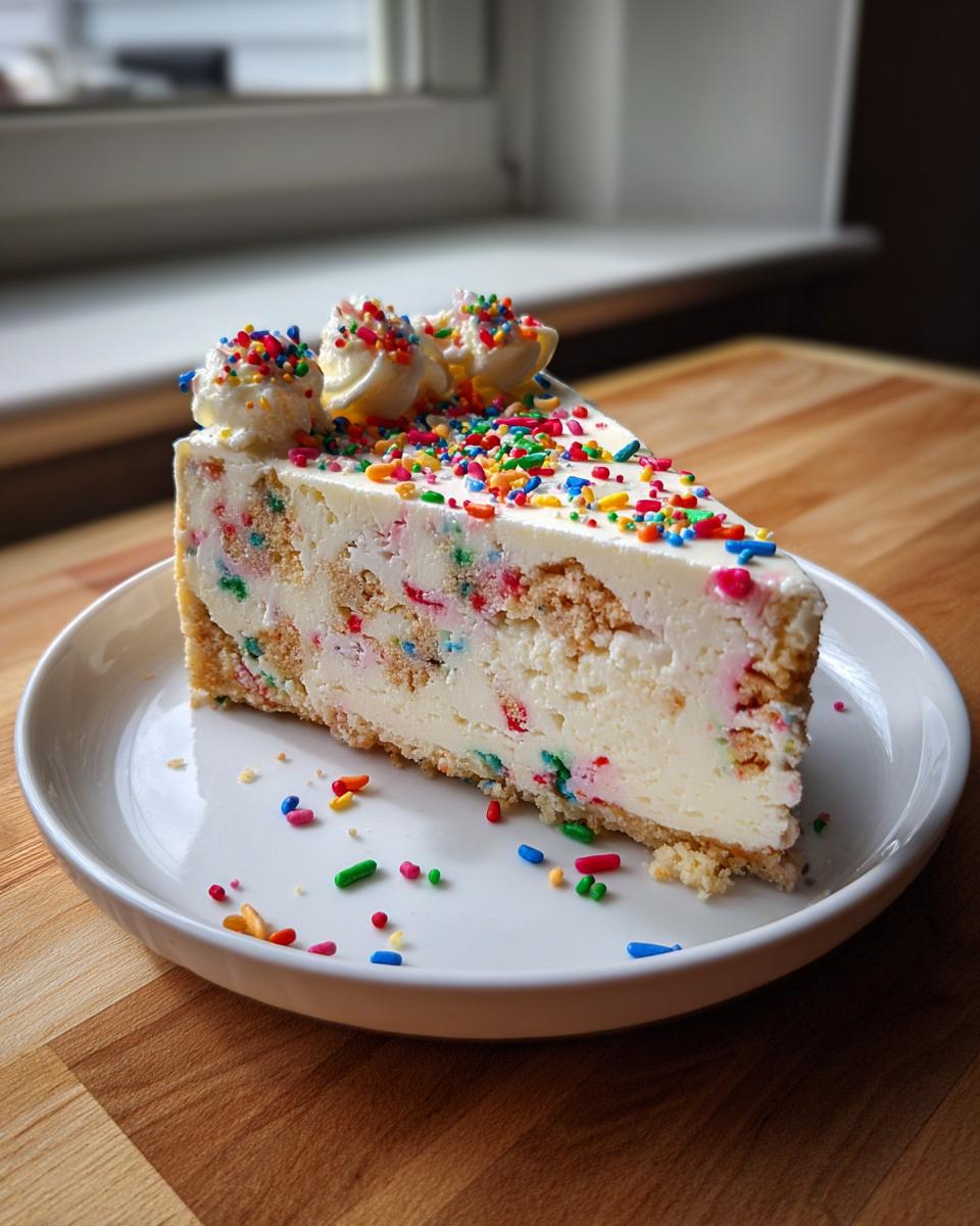 A decadent slice of sugar cookie cheesecake loaded with colorful sprinkles, served on a white plate.