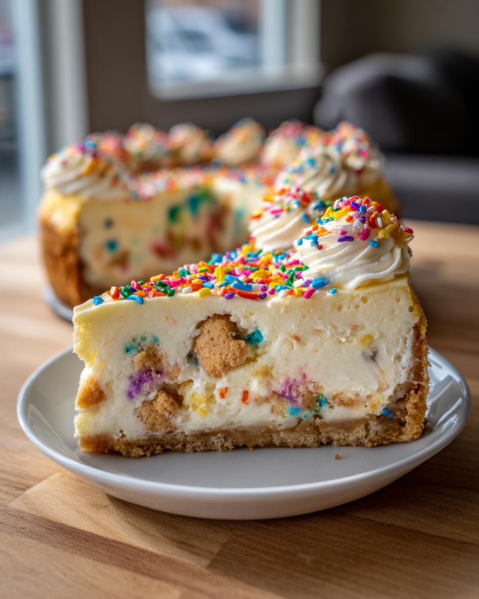 A slice of creamy sugar cookie cheesecake loaded with colorful sprinkles and cookie pieces, served on a white plate.