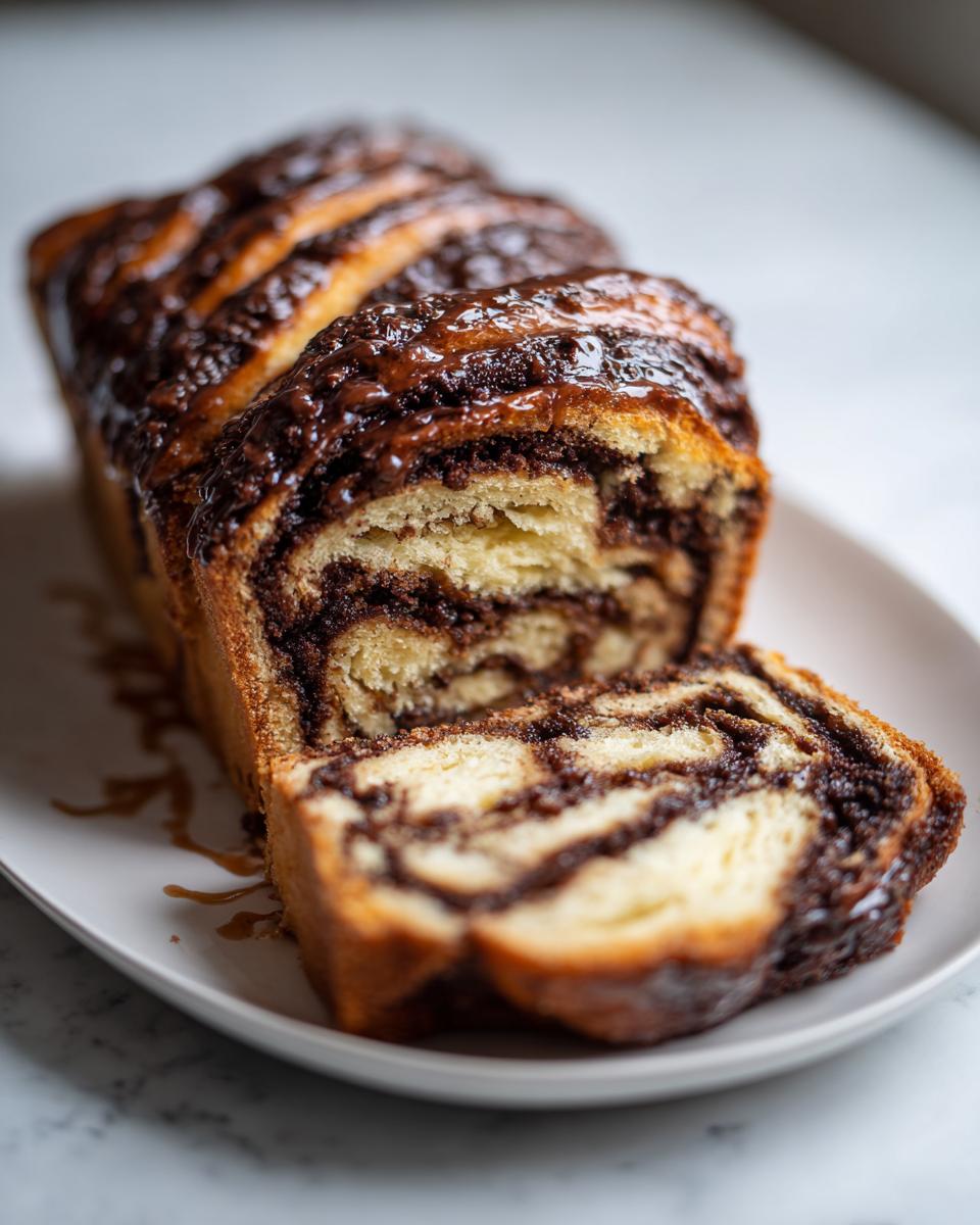 A close-up of a freshly baked chocolate babka loaf, partially sliced, showing the rich, dark chocolate filling swirls.