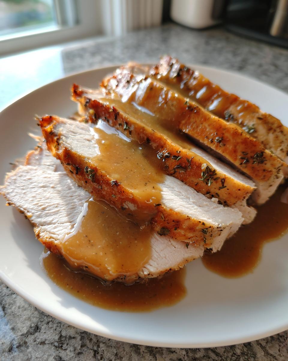 Close-up of juicy, sliced slow cooker turkey breast seasoned with herbs and generously covered in brown gravy.