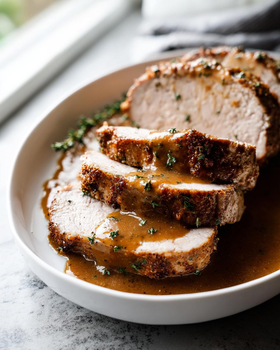 Close-up of sliced slow cooker turkey breast, seasoned and covered in rich brown gravy and fresh herbs.