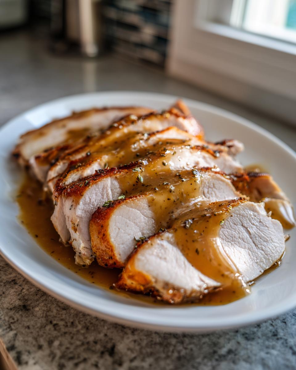 Slices of juicy slow cooker turkey breast topped with savory brown gravy and herbs on a white plate.