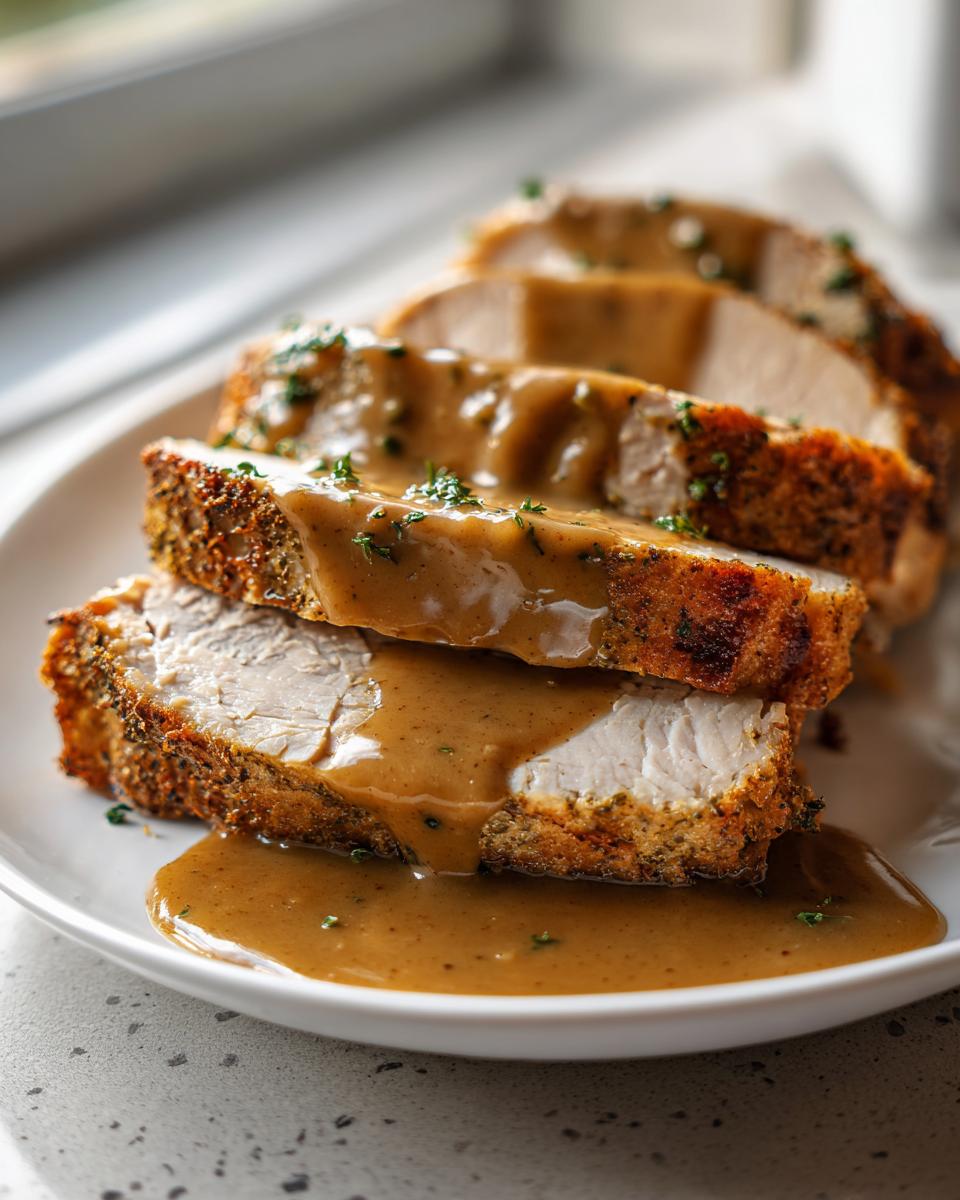 Close-up of thick slices of seasoned slow cooker turkey breast covered in rich brown gravy and sprinkled with parsley.