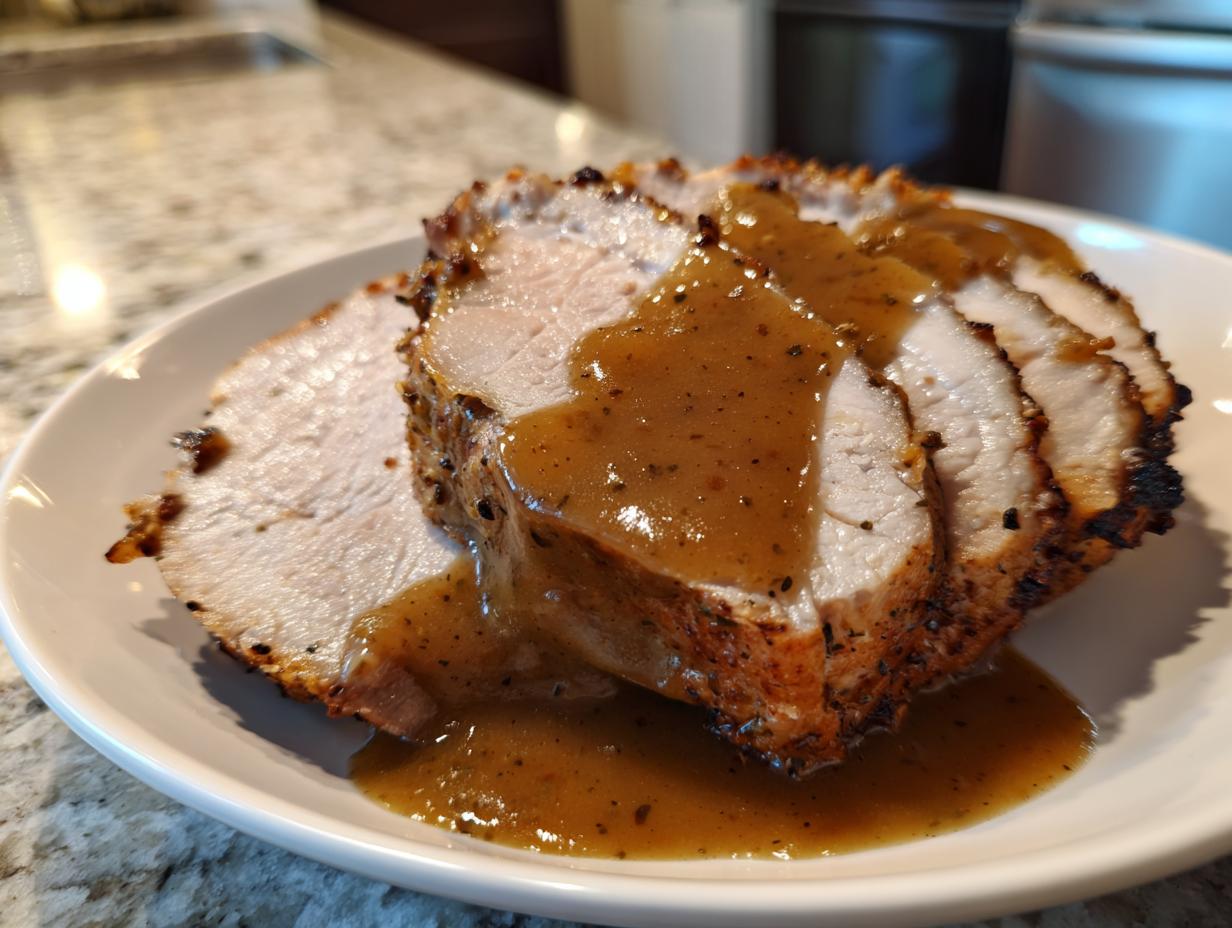 Slices of juicy slow cooker turkey breast topped with rich brown gravy served on a white plate.