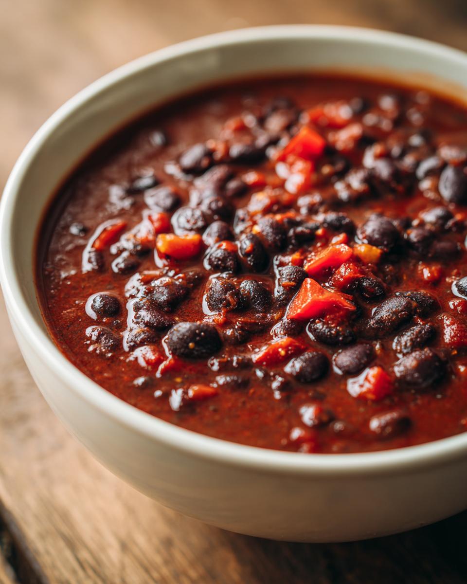 Close-up of a white bowl filled with rich, dark red black bean chili, showing plump black beans and diced tomatoes.