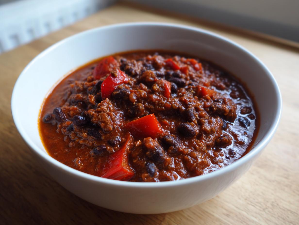 A close-up of a white bowl filled with rich, dark red black bean chili, featuring visible black beans and chunks of red pepper.