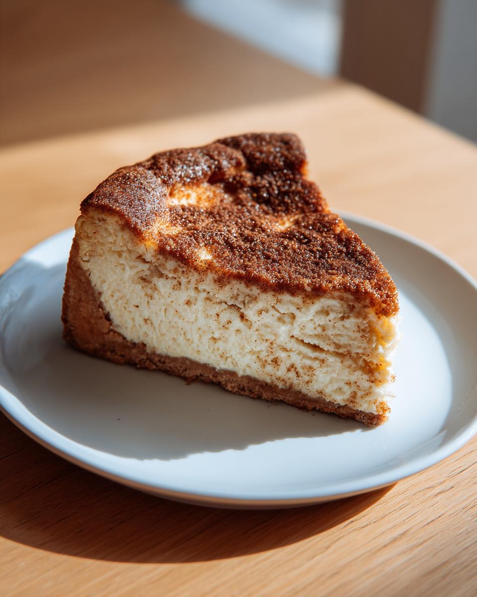 A close-up of a single slice of creamy snickerdoodle cheesecake with a cinnamon-sugar topping on a white plate.
