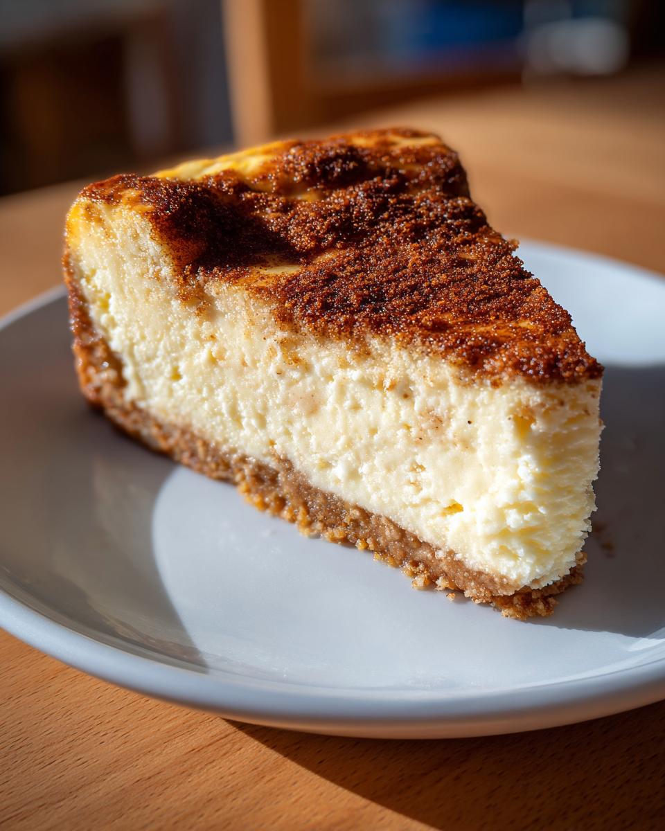 A close-up of a creamy slice of snickerdoodle cheesecake with a thick cinnamon-sugar topping on a light blue plate.