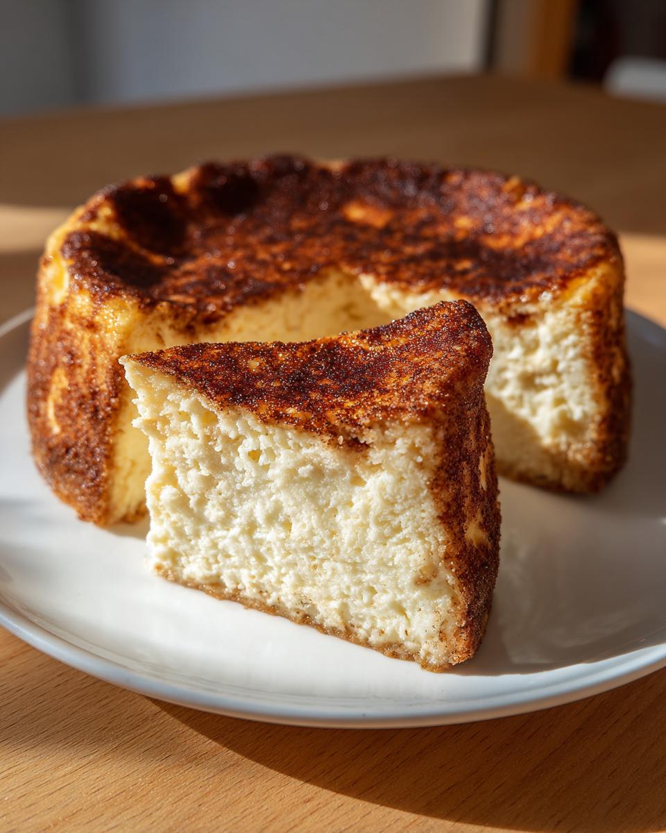 A thick slice of creamy snickerdoodle cheesecake with a dark, caramelized cinnamon-sugar crust, set against the rest of the cake.