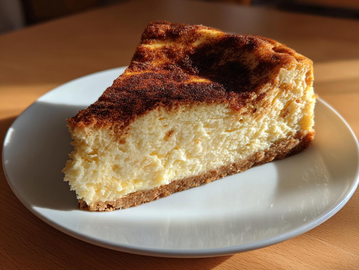 A close-up slice of rich snickerdoodle cheesecake with a dark, cinnamon-sugar top, resting on a white plate.