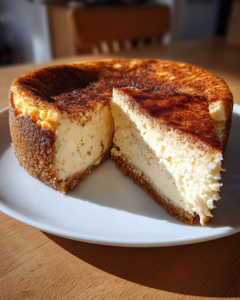 A whole snickerdoodle cheesecake with a dark, cinnamon-sugar top, sitting on a white plate with one slice pulled out.