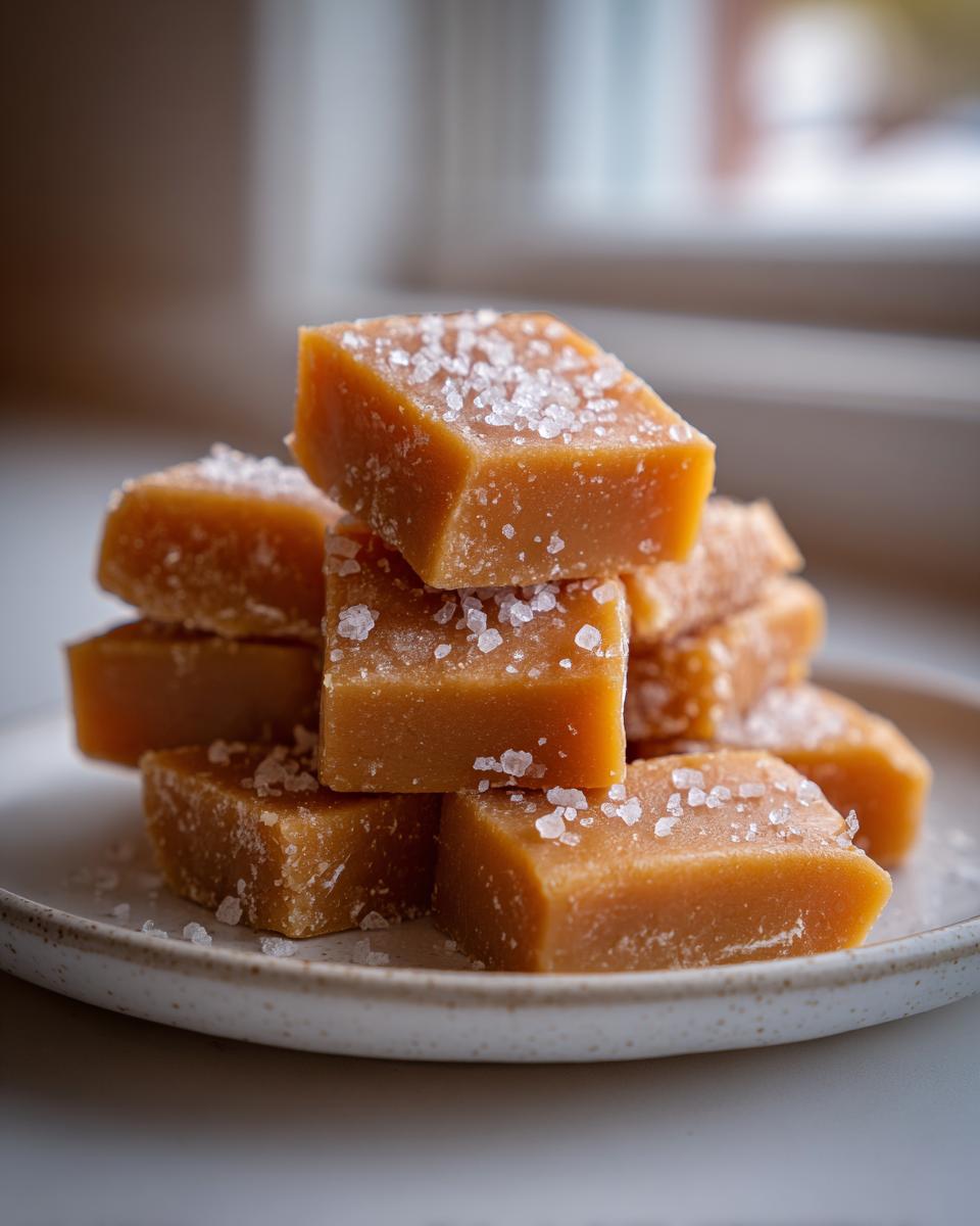 A stack of soft, square sea salt caramels sprinkled with flaky salt on a speckled white plate.